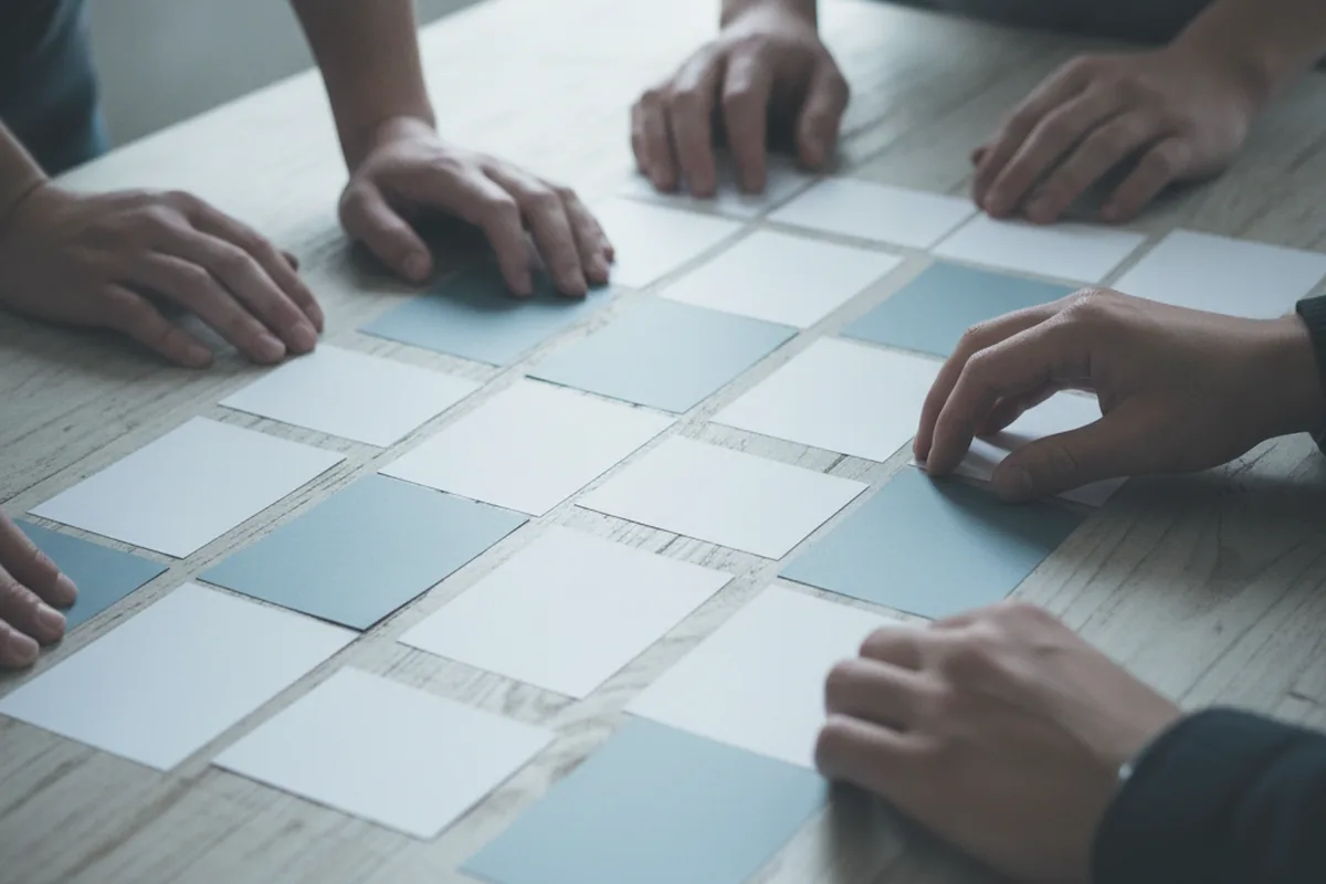 Hände ordnen Karten in einem Strategie-Workshop
